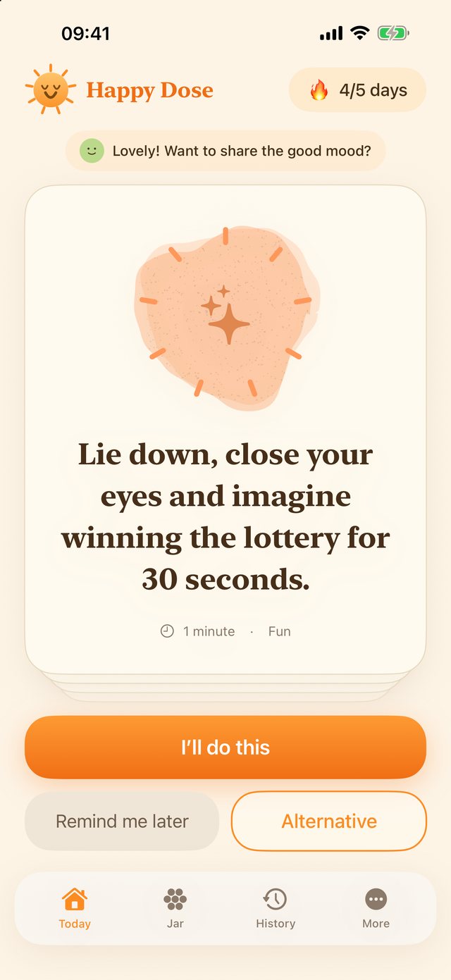 Happy Dose on iPhone: the action of the day, “Lie down, close your eyes and imagine winning the lottery for 30 seconds”, with the button “I’ll do this”.