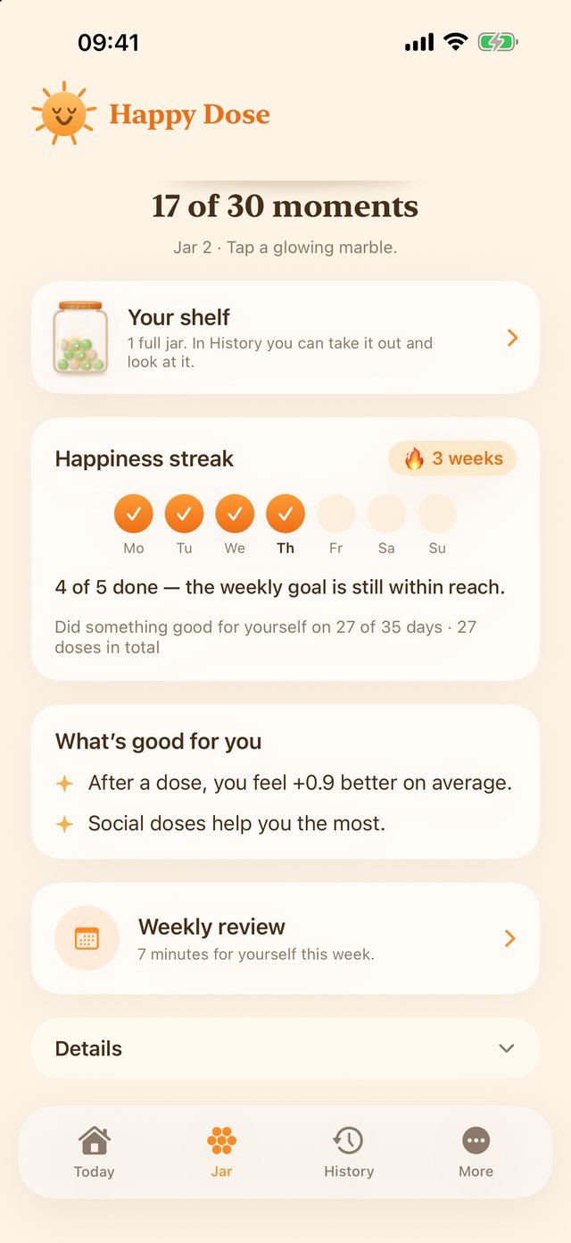 Happiness streak: the week as seven dots, three of them checked, plus sentences about what’s good for you.